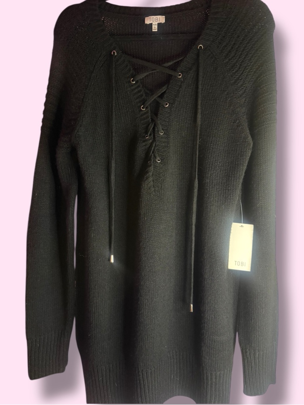 Tobi Black Lace-Up V-Neck Knit Sweater Dress Size M